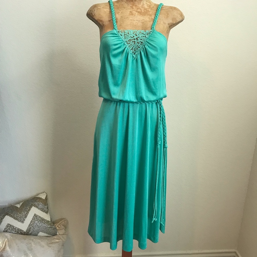 Vintage 1970's Disco Dress Braided Rope Belt Green